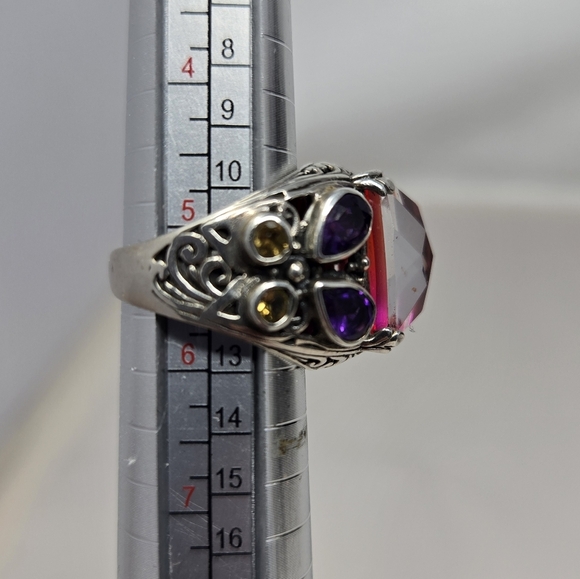 Mystic Quartz Ring Sz 5.5 Sterling Silver Amethyst Citrine Brown Stones Ornate - Picture 9 of 9